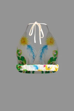 MICAS Pant Sets-Printed V-Neck Halter Backless Crop Top and Wide Leg Pants Set WHITE