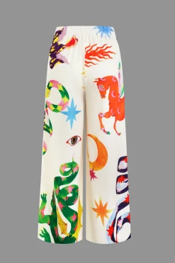 MICAS Pant Sets-Printed V-Neck Halter Backless Crop Top and Wide Leg Pants Set WHITE