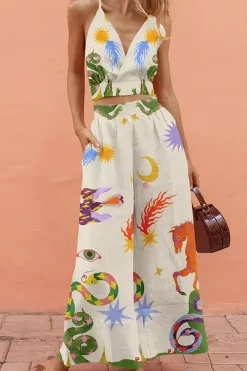 MICAS Pant Sets-Printed V-Neck Halter Backless Crop Top and Wide Leg Pants Set WHITE