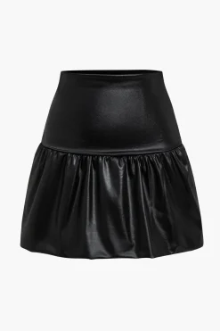 MICAS Skirts-Pu Leather Ruched A-Line Skirt