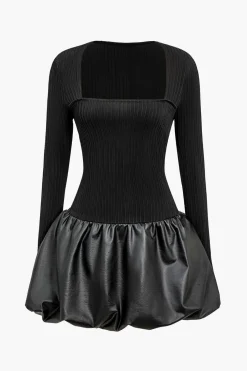 MICAS Long Sleeve Dresses|Mini Dresses-PU Patchwork Ruched Square Neck Mini Dress