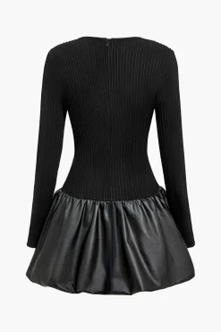 MICAS Long Sleeve Dresses|Mini Dresses-PU Patchwork Ruched Square Neck Mini Dress