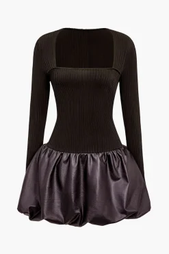 MICAS Long Sleeve Dresses|Mini Dresses-PU Patchwork Ruched Square Neck Mini Dress