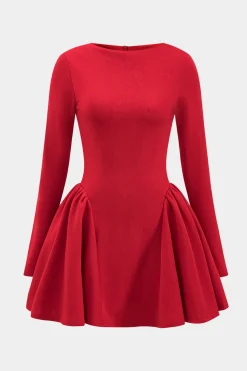 MICAS Long Sleeve Dresses|Mini Dresses-Puff Hem Zipper Long Sleeve Mini Dress RED