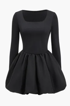 MICAS Long Sleeve Dresses|Mini Dresses-Puff Long Sleeve Mini Dress BLACK