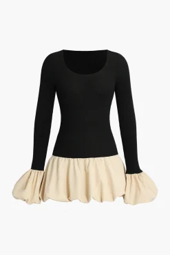 MICAS Long Sleeve Dresses|Mini Dresses-Puff Sleeve Patchwork Long Sleeve Mini Dress BLACK