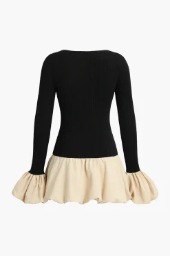 MICAS Long Sleeve Dresses|Mini Dresses-Puff Sleeve Patchwork Long Sleeve Mini Dress BLACK