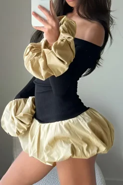 MICAS Long Sleeve Dresses|Mini Dresses-Puff Sleeve Patchwork Long Sleeve Mini Dress BLACK