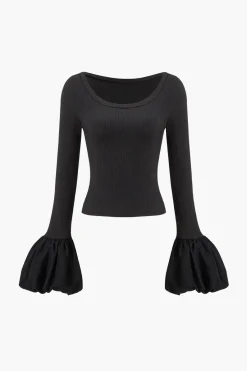MICAS Long Sleeve Tops|Long Sleeves Tops-Puff Sleeve Patchwork Long-Sleeve Top BLACK