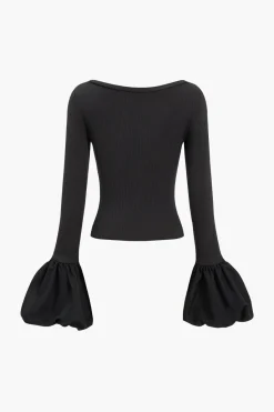 MICAS Long Sleeve Tops|Long Sleeves Tops-Puff Sleeve Patchwork Long-Sleeve Top BLACK