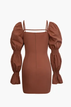 MICAS Long Sleeve Dresses|Mini Dresses-Puff Sleeve Square Neck Mini Dress CARAMEL