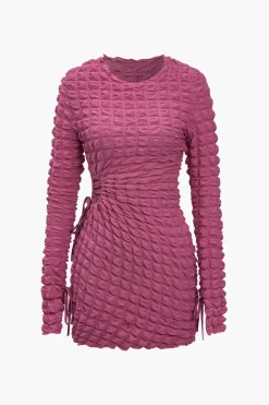 MICAS Mini Dresses|Long Sleeve Dresses-Puff Texture Long Sleeve Mini Dress DEEP PINK