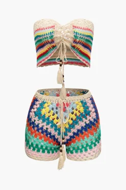 MICAS Knitwear|Vacation Sets-Rainbow Crochet Tie Front Tube Top And Shorts Set BEIGE