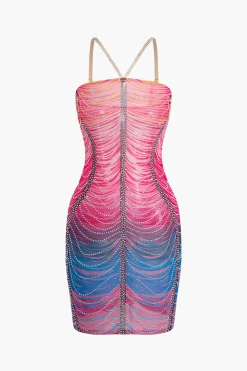 MICAS Mini Dresses-Rainbow Striped Rhinestone Bodycon Mini Dress
