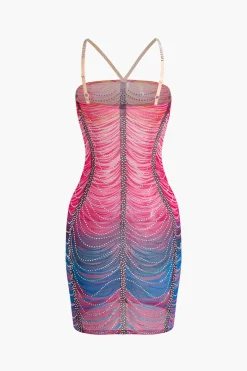 MICAS Mini Dresses-Rainbow Striped Rhinestone Bodycon Mini Dress