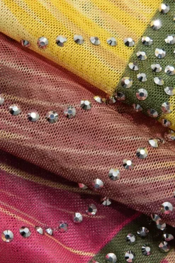 MICAS Mini Dresses-Rainbow Striped Rhinestone Bodycon Mini Dress