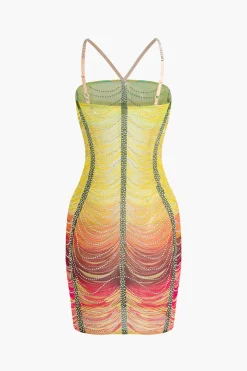 MICAS Mini Dresses-Rainbow Striped Rhinestone Bodycon Mini Dress