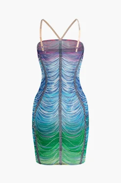 MICAS Mini Dresses-Rainbow Striped Rhinestone Bodycon Mini Dress