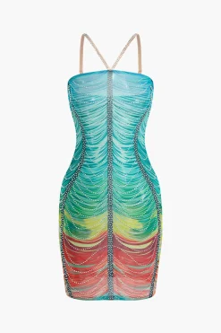 MICAS Mini Dresses-Rainbow Striped Rhinestone Bodycon Mini Dress