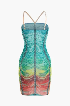 MICAS Mini Dresses-Rainbow Striped Rhinestone Bodycon Mini Dress