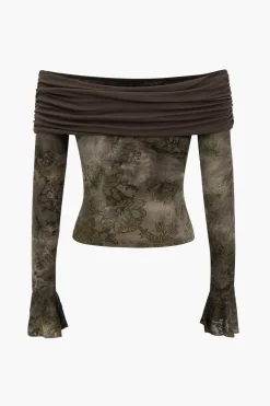 MICAS Long Sleeve Tops|Long Sleeves Tops-Retro Floral Bell Sleeve Long-Sleeve Top BROWN