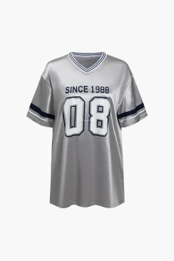 MICAS T-Shirts-Retro Print Contrast Binding V-Neck T-Shirt SILVER