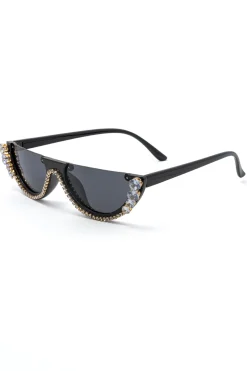 MICAS Sunglasses|Accessories-Rhinestone Decor Half Frame Sunglasses BLACK