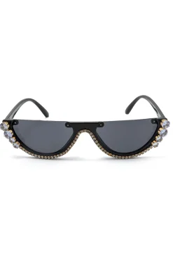 MICAS Sunglasses|Accessories-Rhinestone Decor Half Frame Sunglasses BLACK