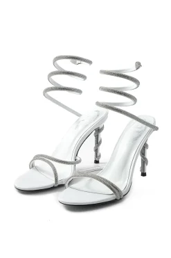 MICAS Shoes|Shoes-Rhinestone Embellished Open Toe High-heeled Sandals With Calf Strap