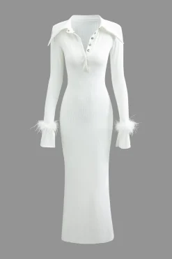 MICAS Long Sleeve Dresses|Knitwear-Rib Knit Button Collar Fluffy Cuff Maxi Dress