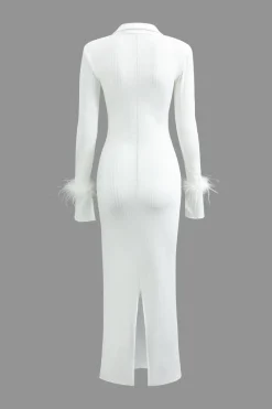 MICAS Long Sleeve Dresses|Knitwear-Rib Knit Button Collar Fluffy Cuff Maxi Dress