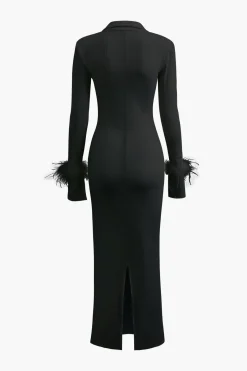 MICAS Long Sleeve Dresses|Knitwear-Rib Knit Button Collar Fluffy Cuff Maxi Dress