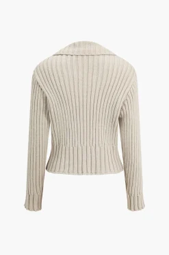 MICAS Outerwear|Outerwear-Ribbed Button-Front Pockets Sweater Cardigan