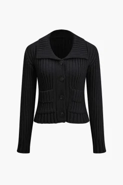 MICAS Outerwear|Outerwear-Ribbed Button-Front Pockets Sweater Cardigan