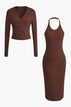 MICAS Vacation Sets-Ribbed Cardigan And Halter Dress Set