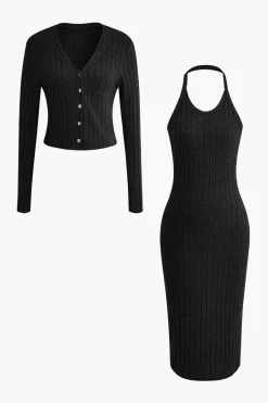 MICAS Vacation Sets-Ribbed Cardigan And Halter Dress Set