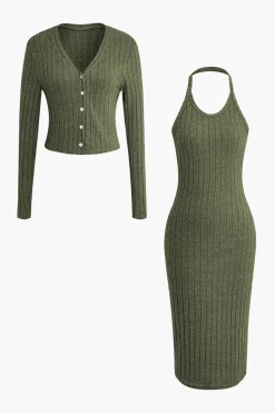 MICAS Vacation Sets-Ribbed Cardigan And Halter Dress Set