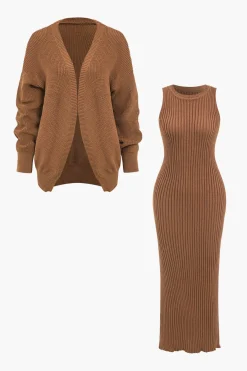 MICAS Knitwear|Knit Sets-Ribbed Knit Dress And Cardigan Set