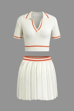 MICAS Vacation Sets|Knit Sets-Ribbed Knit Polo Top And Pleated Skirt Set Contrast Color