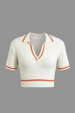 MICAS Vacation Sets|Knit Sets-Ribbed Knit Polo Top And Pleated Skirt Set Contrast Color