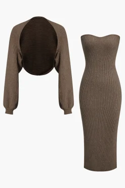 MICAS Long Sleeve Dresses|Knitwear-Ribbed Knit Strapless Midi Dress And Bolero Set