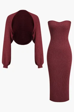MICAS Long Sleeve Dresses|Knitwear-Ribbed Knit Strapless Midi Dress And Bolero Set