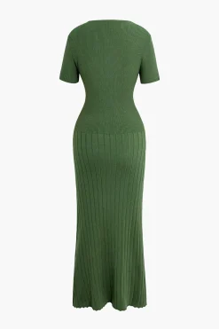 MICAS Knitwear|Knit Dresses-Ribbed Knit V-neck Midi Dress