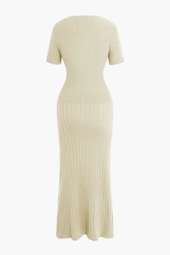 MICAS Knitwear|Knit Dresses-Ribbed Knit V-neck Midi Dress