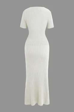 MICAS Knitwear|Knit Dresses-Ribbed Knit V-neck Midi Dress