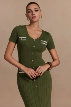 MICAS Knitwear|Knit Dresses-Ribbed Knit V-neck Midi Dress