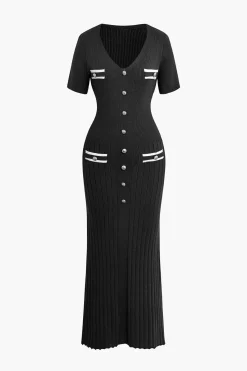 MICAS Knitwear|Knit Dresses-Ribbed Knit V-neck Midi Dress