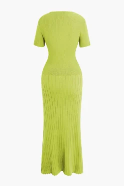 MICAS Knitwear|Knit Dresses-Ribbed Knit V-neck Midi Dress