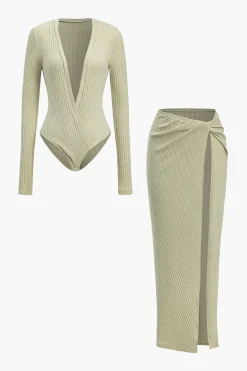 MICAS Skirt Sets-Ribbed V-Neck Bodysuit And High-Slit Midi Skirt Set WHEAT