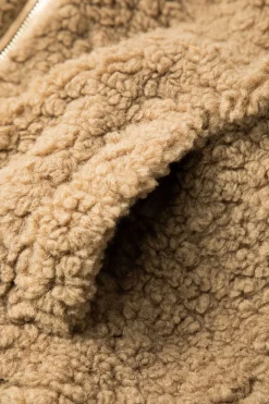 MICAS Outerwear|Outerwear-Round Neck Fleece Zip Up Long Sleeve Coat TAN